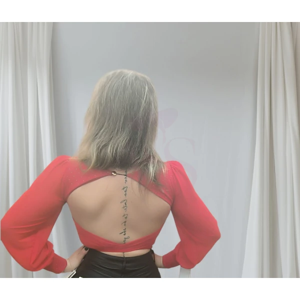 Blusa feminina manga longa com decote elegante e mangas bufantes.