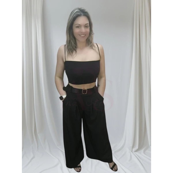 Pantalonas Aura Sofisticada disponíveis em preto, cinzento escuro e bege claro