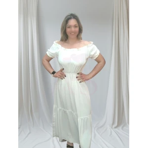 Vestido encanto suave branco midi com decote ciganinha e detalhe de folhos