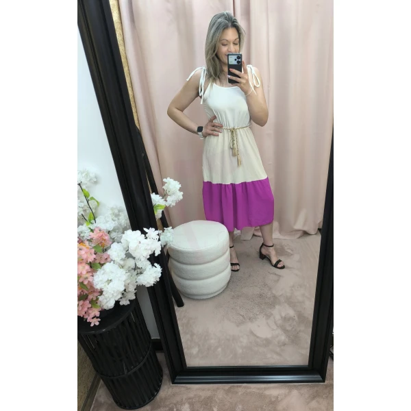 Vestido Bicolor Suave Elegância em tecido leve com detalhe em cordão dourado