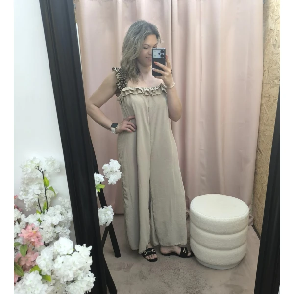 Combinaison élégante beige à volants com alças de padrão animal print e cinto entrançado