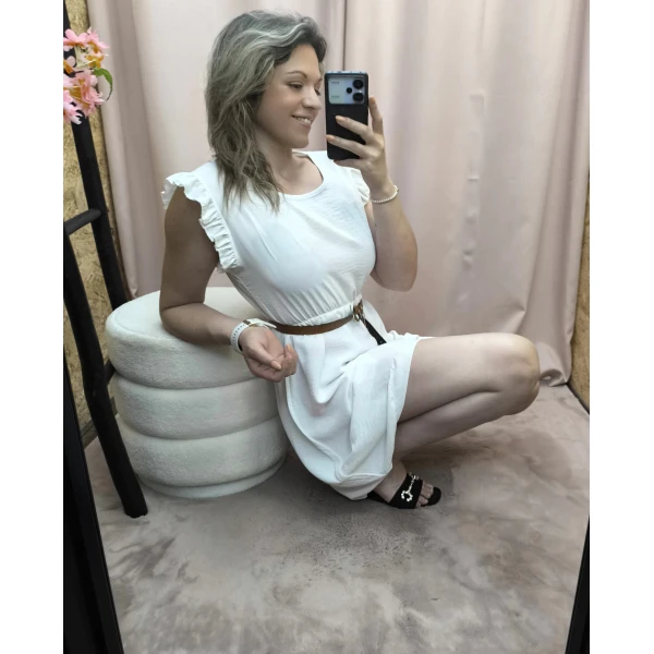 Vestido curto com cinto e folhos nos ombros – Robe Élégance Douce