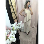 Conjunto Elegância Contemporânea em cores preto, branco e bege, com top fluído e calças de cintura ajustável.